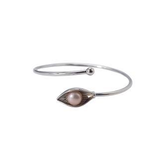 925 Sterling Silver Fashion Simple Shell Purple Freshwater Pearl Open Bangle Silver - One Size