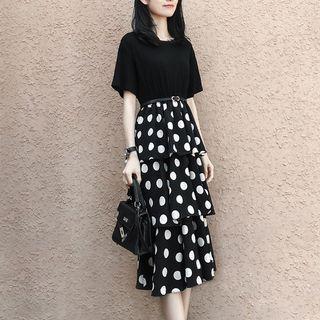Dotted Short-sleeve A-line Layered Dress