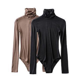 Long-sleeve Turtleneck Plain Playsuit