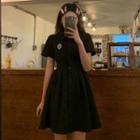 Short-sleeve Button-up A-line Dress Black - One Size