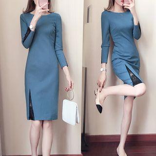 Long-sleeve Lace Panel Sheath Knit Dress
