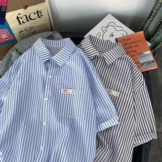 Couple Matching Elbow-sleeve Applique Striped Shirt