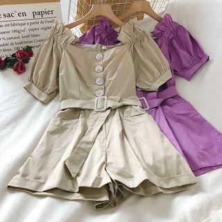 Plain Off-shoulder Short-sleeve Playsuit