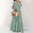 Balloon-sleeve Tiered Maxi A-line Dress Light Green - One Size