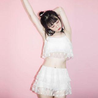 Set: Plain Bikini Top + Swim Shorts + Lace Cover-up + Lace Swim Shorts