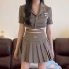 Set: Short-sleeve Check Crop Shirt + Pleated Mini A-line Skirt