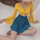 Set: Bikini Top + Bell-sleeve Twisted Swim Dress
