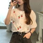 Cherry Embroidered Puff-sleeve Eyelet Blouse