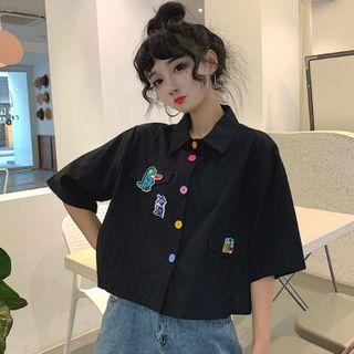 Elbow-sleeve Cropped Shirt Black - One Size