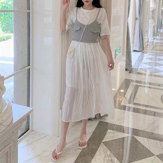 Set: Ruched Panel Short Sleeve T-shirt Dress + Cropped Camisole Top