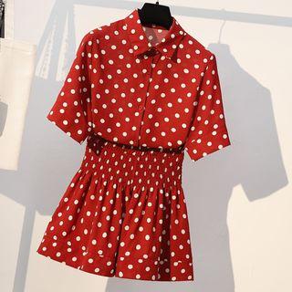 Set: Short-sleeve Dotted Shirt + Mini Dotted A-line Skirt