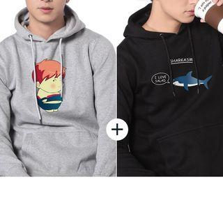 Set Of 2: Long-sleeve Hooded Printed Top