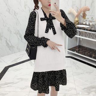 Set: Dotted Tie-neck A-line Dress + V-neck Knit Vest