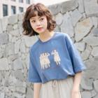 Printed Elbow-sleeve T-shirt Blue - One Size