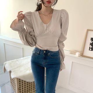 U-neck Lantern-sleeve Cropped Shirt