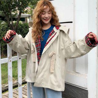 Hooded Drawstring Zip Jacket Light Khaki - One Size
