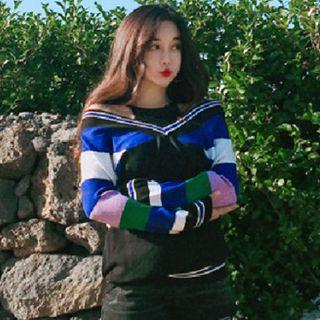 Mock Two-piece Striped Knit Top Black - One Size