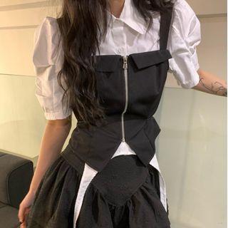 Short-sleeve Crop Shirt / Zip-up Crop Tank Top / Mini A-line Skirt