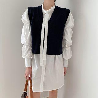 Puff-sleeve Tie-neck Shirtdress / Knit Vest