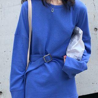 Plain Crewneck Lace-up Loose-fit Top