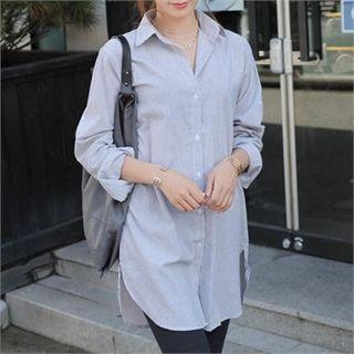 Tab-sleeve Long Striped Shirt