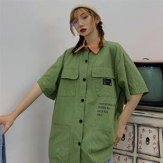 Contrast Collared Short-sleeve Loose-fit Shirt