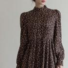 Scallop-neck Pintuck Long Floral Dress Dark Brown - One Size