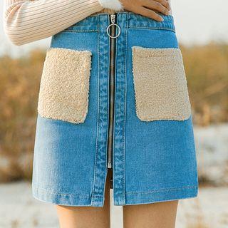 Fleece Pocket Zip A-line Denim Skirt