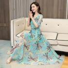 Printed Short-sleeve V-neck Maxi A-line Dress
