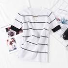 Striped Short-sleeve Knit Top White - One Size