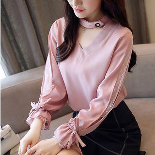 Long-sleeve Cutout Lace Panel Chiffon Top