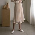 Velvet-trim Tulle-overlay Long Pleated Skirt