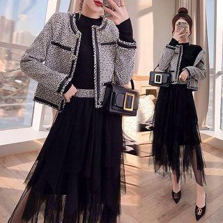 Set: Tweed Buttoned Jacket + Midi A-line Mesh Skirt