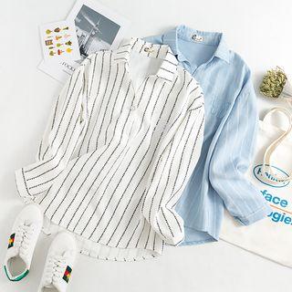 3/4-sleeve Striped Embroidered Loose-fit Shirt