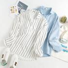 3/4-sleeve Striped Embroidered Loose-fit Shirt