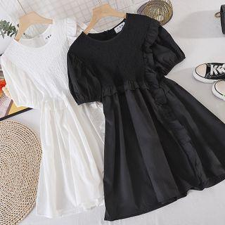 Plain Round-neck Ruffle Short-sleeve Dress