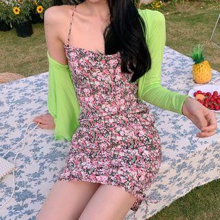 Floral Print Spaghetti-strap Mini Sheath Dress / Open-front Cardigan