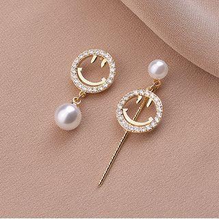Asymmetrical Rhinestone Smiley Face Drop Earring Qr-437 - 1 Pr - Gold - One Size