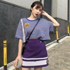 Striped Elbow-sleeve T-shirt / Color Block A-line Skirt