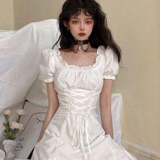 Puff-sleeve Lace-up Ruffle Trim Mini A-line Dress White - One Size
