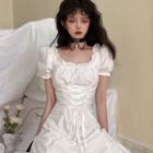 Puff-sleeve Lace-up Ruffle Trim Mini A-line Dress White - One Size