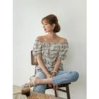 Off-shoulder Checked Shirred Top