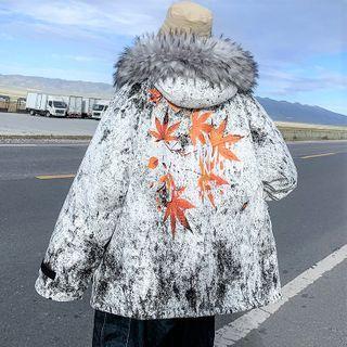 Leaf Print Hooded Zip Coat
