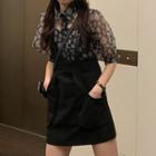 Short-sleeve Floral Print Mesh Shirt / Mini A-line Overall Dress