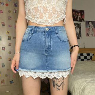 Lace Panel Denim Mini Pencil Skirt