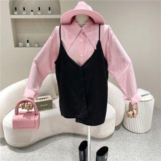 Set: Plain Blouse + Spaghetti Strap Mini Dress Set - Top - Pink & Dress - Black - One Size