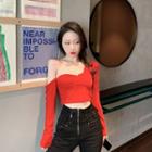 One-shoulder Long-sleeve Cropped Top Red - One Size