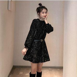 Set: Belted Glitter Long-sleeve A-line Dress + Beret