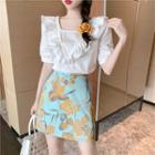 Lace Trim Short-sleeve Blouse / Flower Print Mini A-line Skirt
