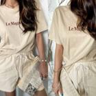 Embroidery Letter T-shirt Beige - One Size
